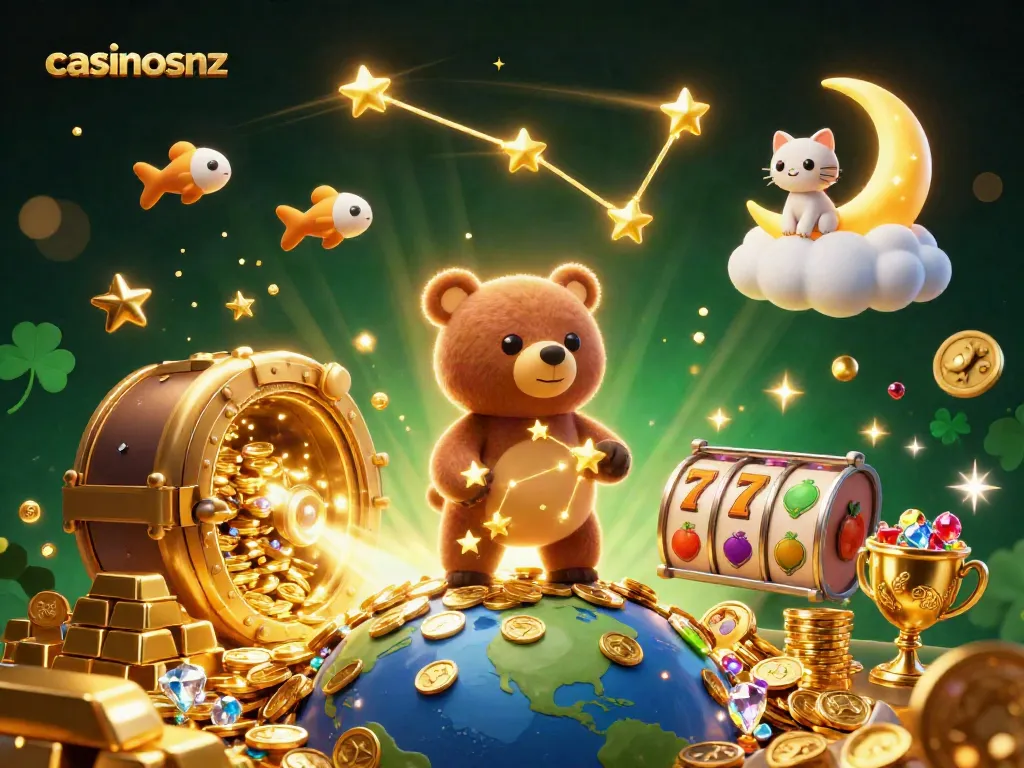 Engage with exciting games at casinosnz as a constellation bear gathers coins amidst vibrant slot elements.