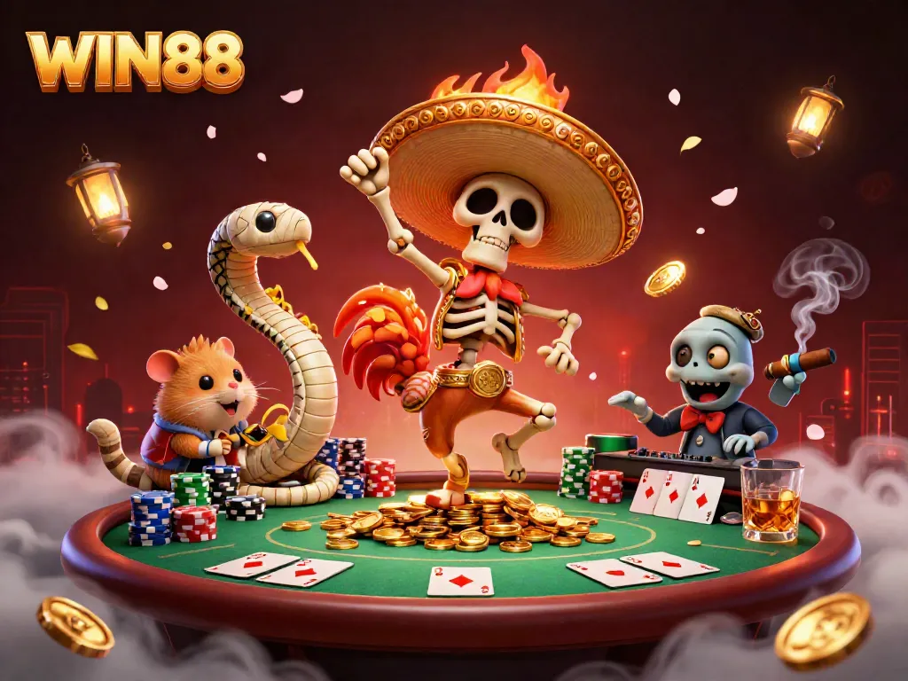 WIN88 animated scene featuring a mariachi rooster, gold coins, and gaming elements in an exciting casino atmosphere.