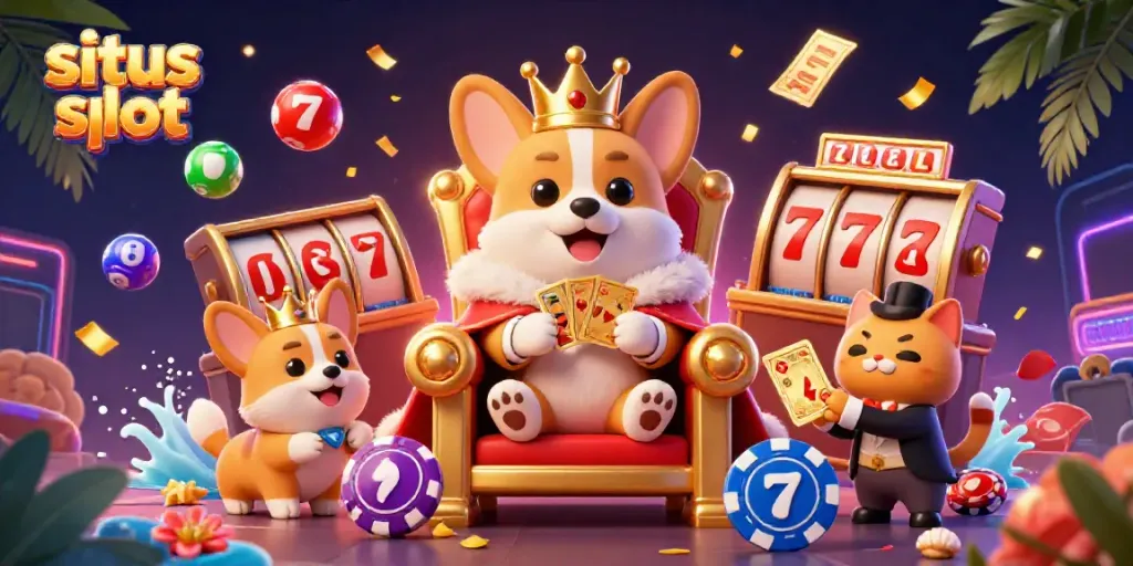 Ilustrasi 3D situs slot dengan corgi kerajaan dan elemen permainan yang dinamis