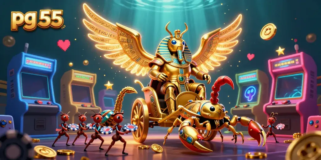 Join the thrilling adventure of pg 55 with a vibrant scene featuring casino characters and gaming elements.