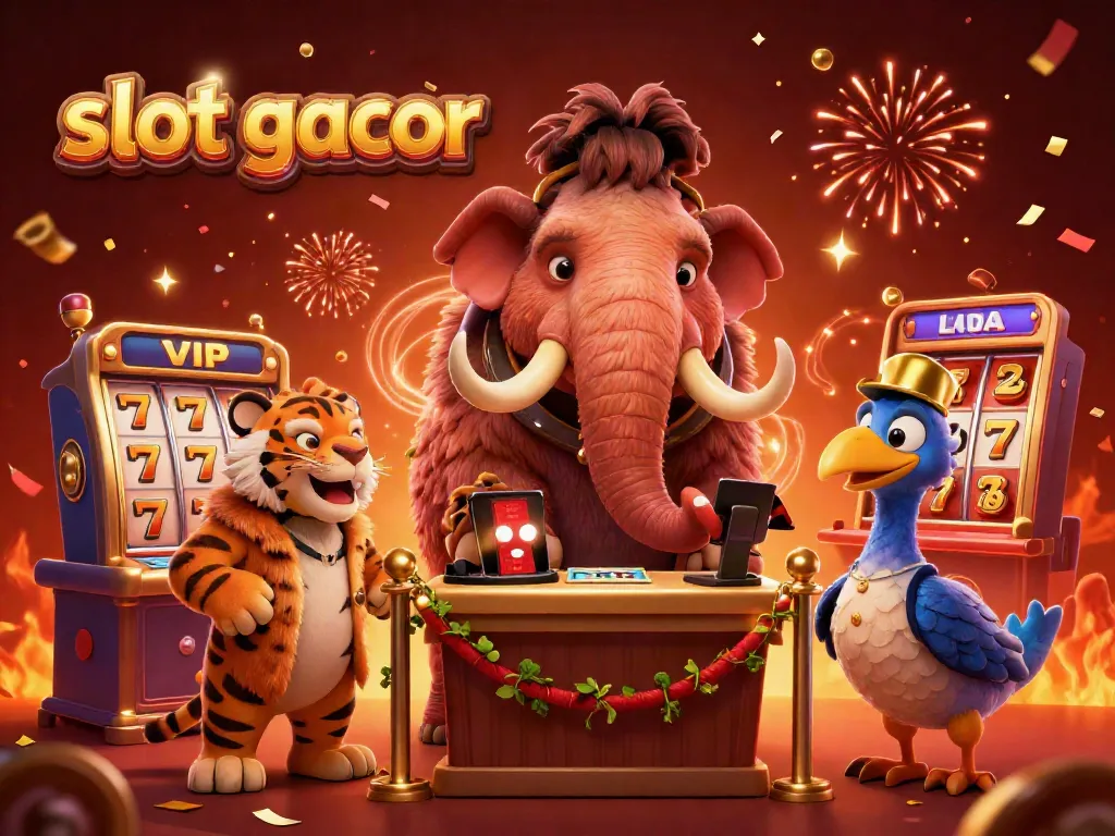 Engage with the slot gacor experience in this vibrant 3D casino scene showcasing characters amidst colorful slot game elements.