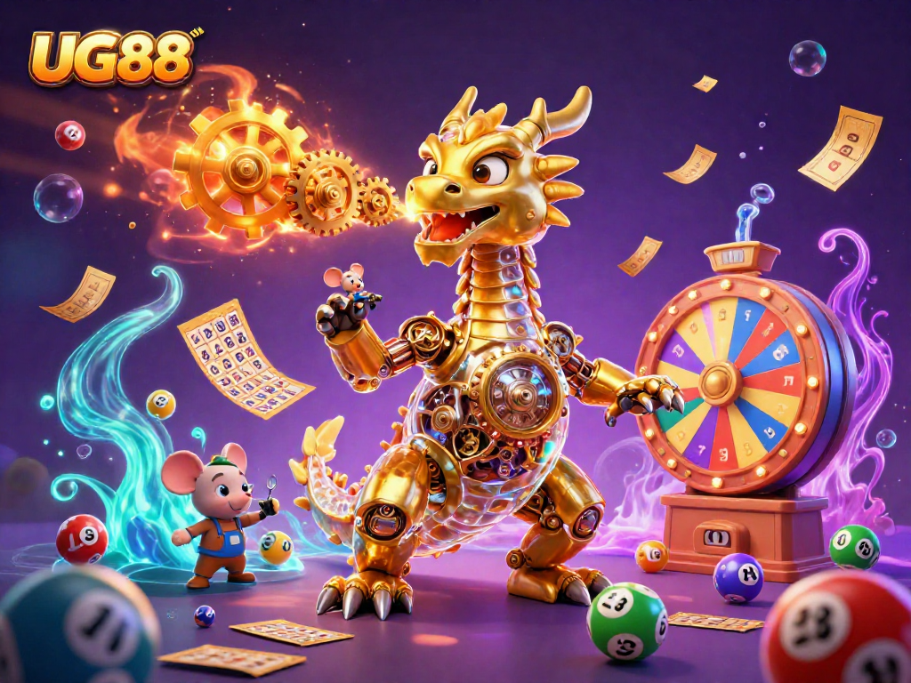 Engage with UG88's vibrant lottery and gaming experience featuring lively lottery balls and a unique dragon illustration.