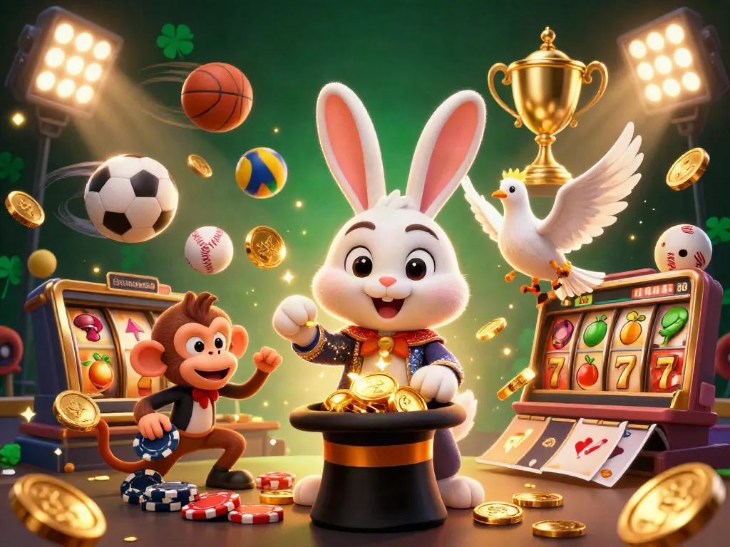 Experience the magic of KENANGAN889 with a charming rabbit, lavish dove, and playful monkey in a vibrant casino scene.