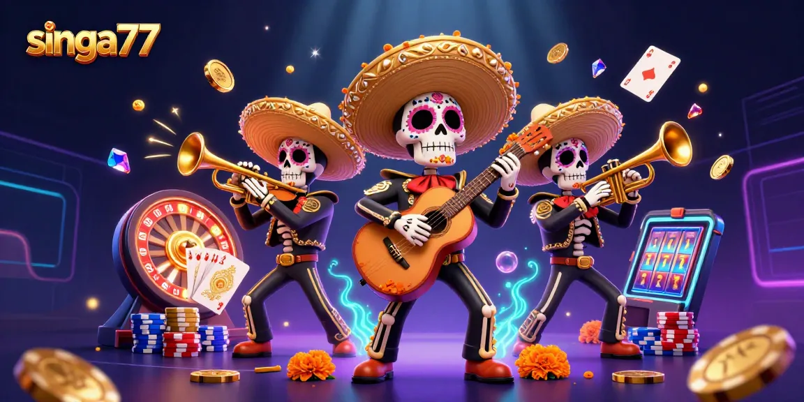 Singa77 players winning joyfully with a colorful mariachi band and vibrant casino elements.
