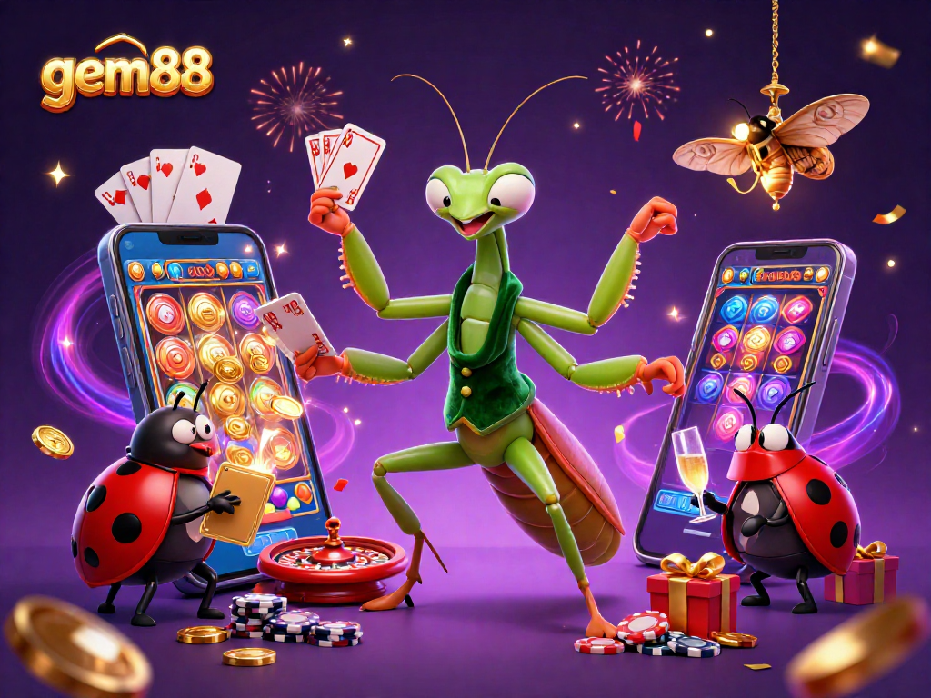 Experience gem88's vibrant gaming world with colorful slot games and festive casino elements.