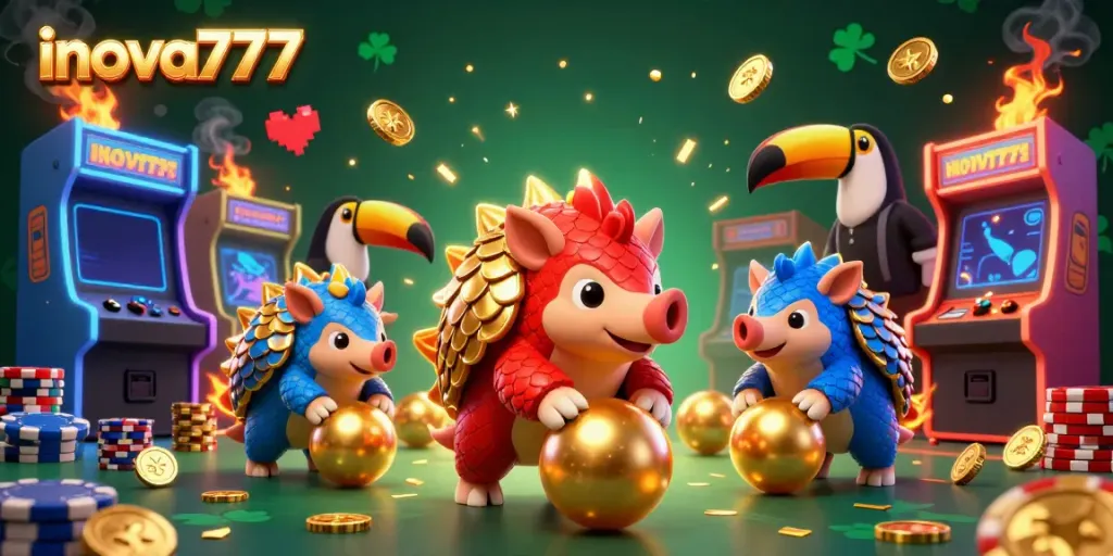 Experience the excitement of inova777 as rival pangolins engage in a vibrant slot and gaming competition amidst a dynamic casino backdrop.