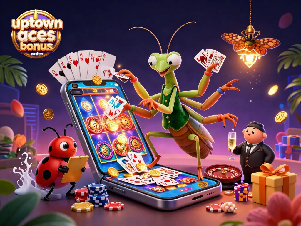 Engaging scene with uptown aces bonus codes, cartoon characters and casino elements creating excitement.