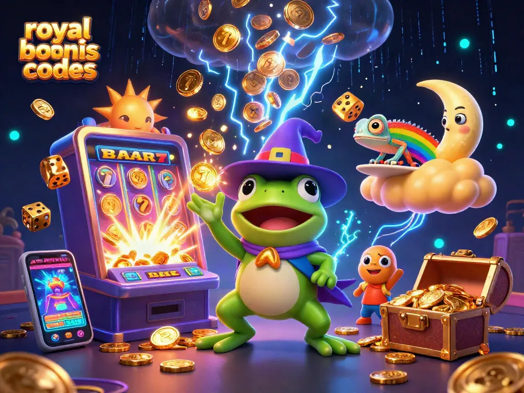 Experience royal ace bonus codes as a wizard frog conjures golden coins amidst a vibrant casino scene.