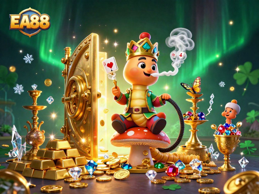 EA88 themed 3D digital illustration featuring a caterpillar hookah-master surrounded by casino elements and treasures.