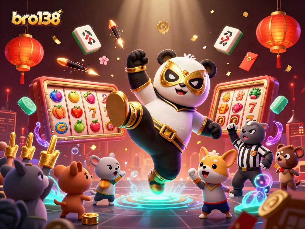 Engage with bro138's vibrant slots action featuring a luchador panda and animal fans.