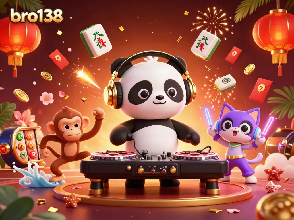 Experience the thrill of the casino with bro138, featuring a DJ panda, dancing monkey, and rave kitten amidst vibrant gaming elements.