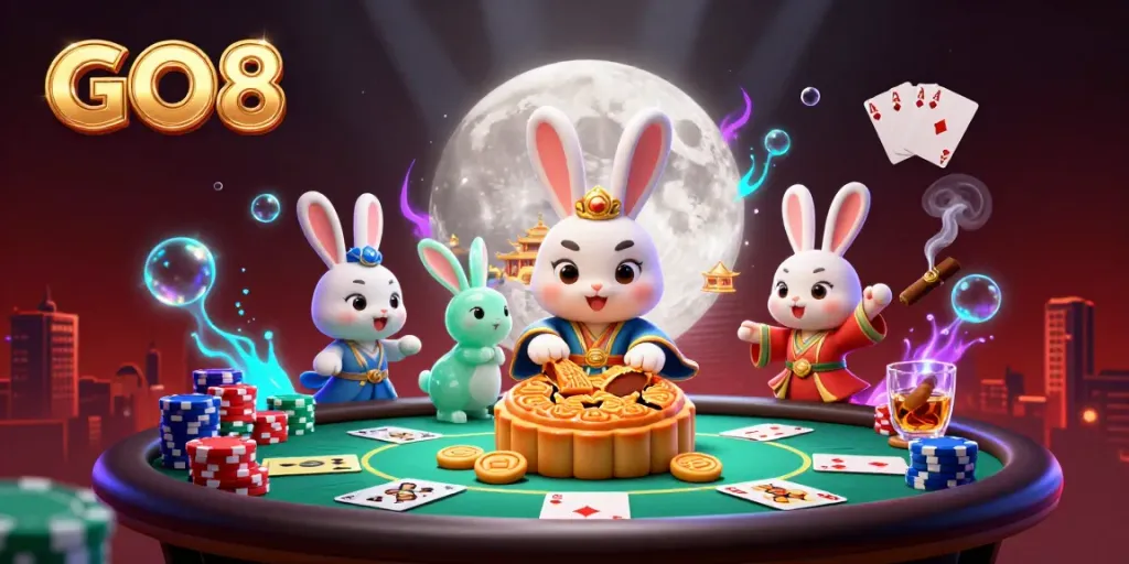 Experience thrilling gaming action at GO8 with vibrant moon characters transforming goodies into poker chips.
