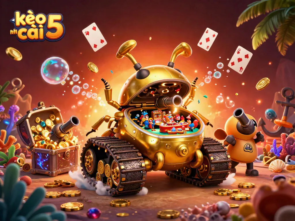 Experience the vibrant kèo nhà cái 5 scene with a golden beetle tank casino surrounded by underwater treasures and excitement!
