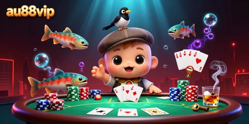 Engage in thrilling games at au88vip with colorful poker elements and vibrant characters.