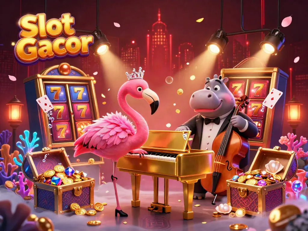 Experience excitement with Slot Gacor as colorful characters perform, surrounded by vibrant casino elements.