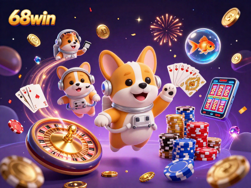 Experience thrilling casino games with 68win and enjoy floating poker chips and dazzling coins in a colorful setting.