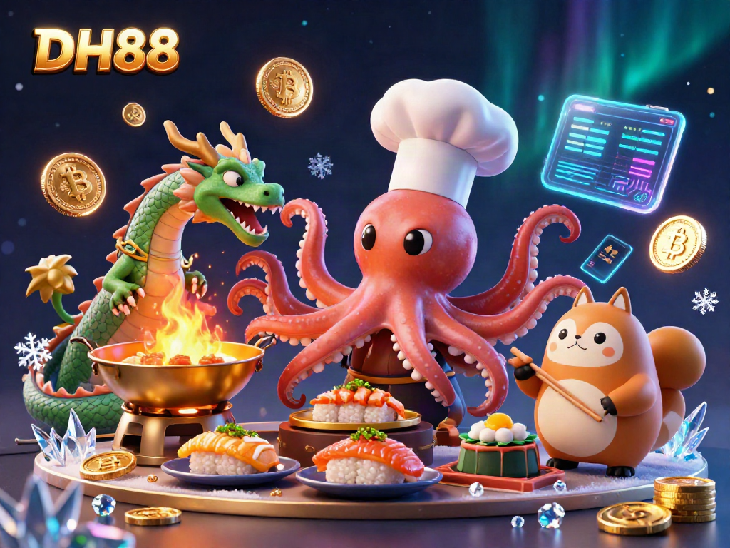 DH88 showcases an engaging casino scene with a sushi chef octopus, dragon, and tanuki surrounded by crypto assets.