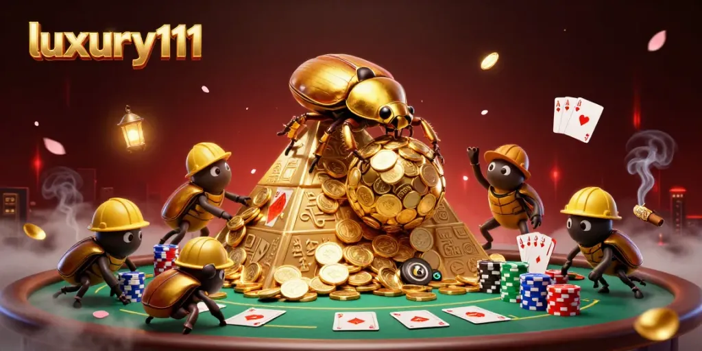 Experience luxury111 as golden beetles roll coins in a vibrant casino-themed scene.