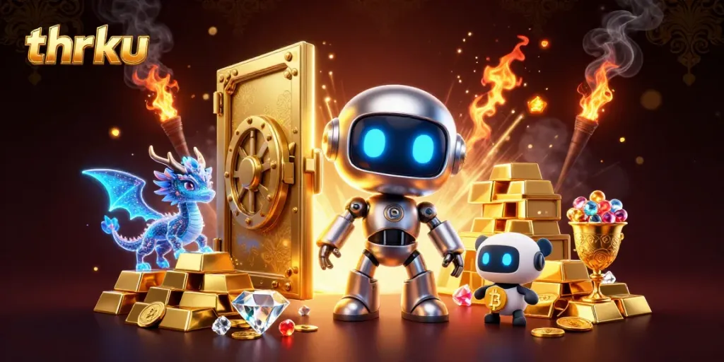 Join thrilling gaming adventures with thrku, featuring a cyberpunk robot mascot and glowing treasures.