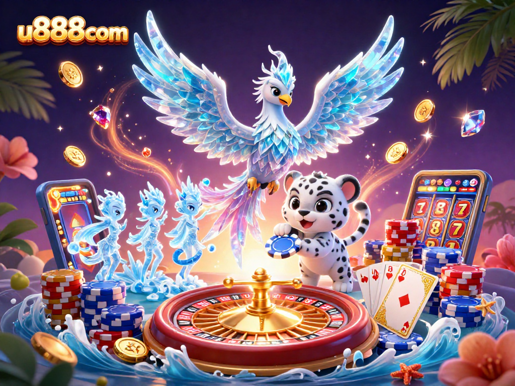 Experience the thrill of u888com with an enchanting casino scene featuring a magical ice phoenix and glowing sprites.