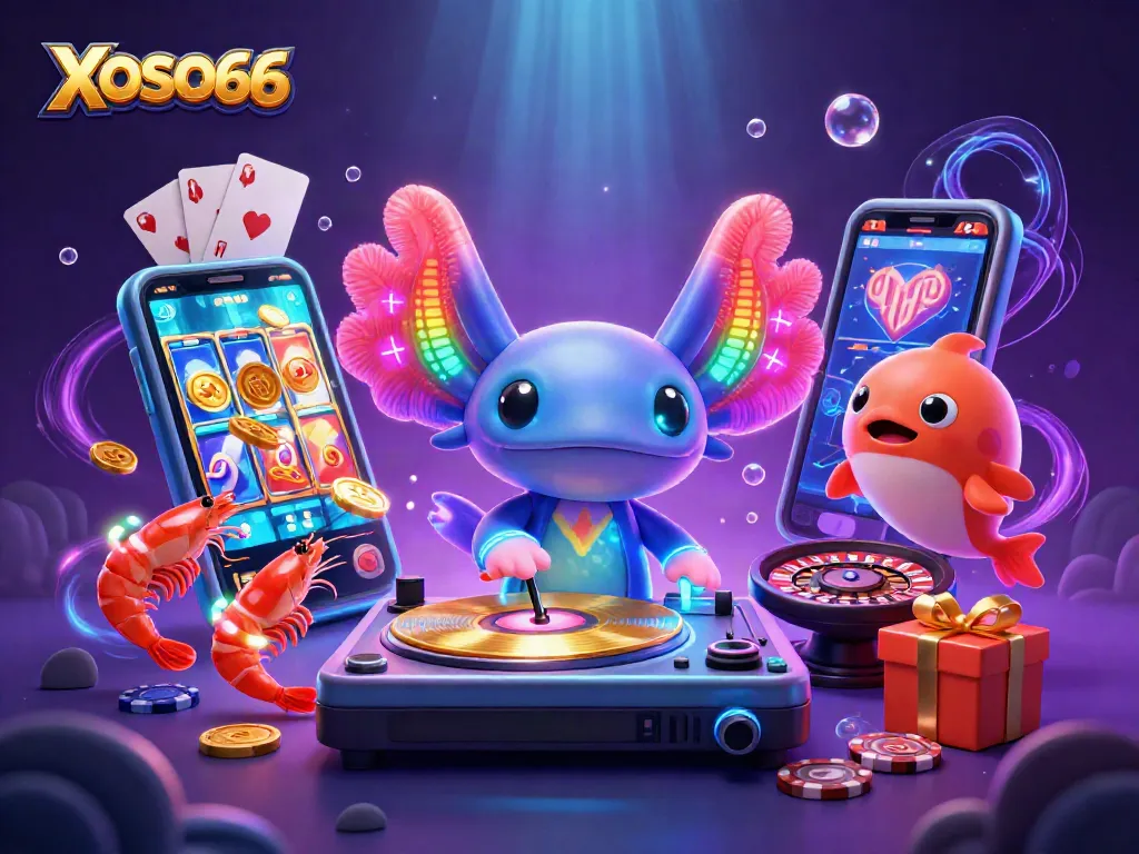 XOSO66 showcases vibrant underwater gaming with axolotl DJ and a variety of casino games.