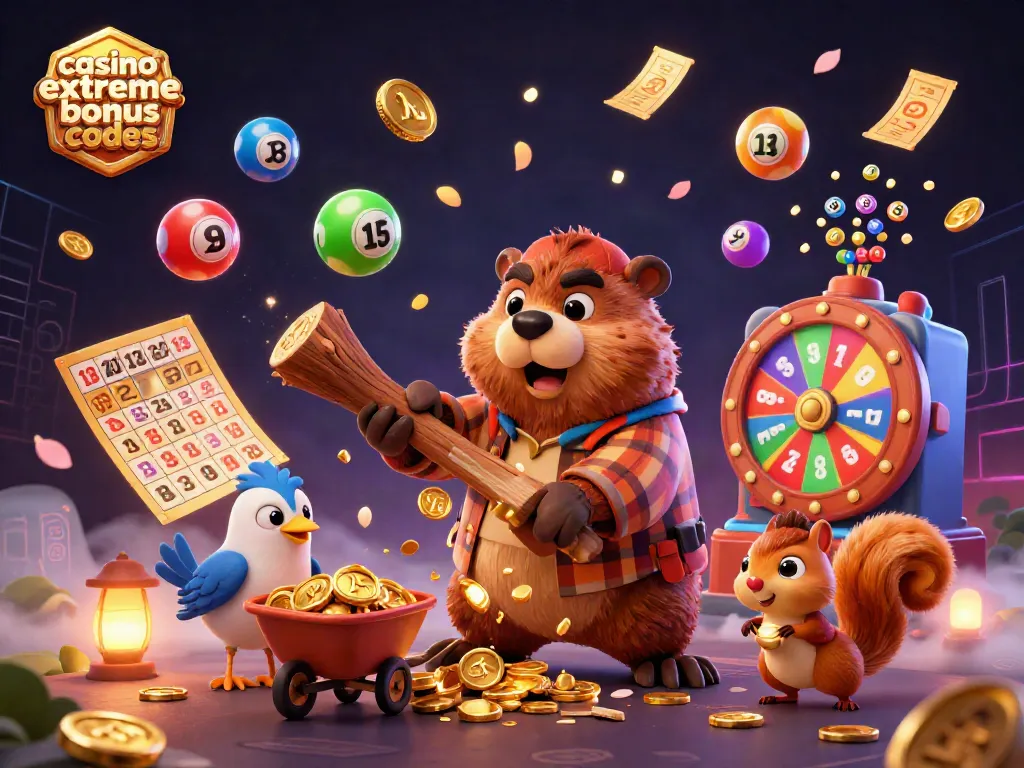 Join the fun with casino extreme bonus codes as a beaver chops a coin tree, surrounded by lottery elements.