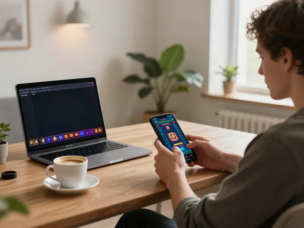 luxury12 player enjoying a mobile slot game with coffee in a cozy setting