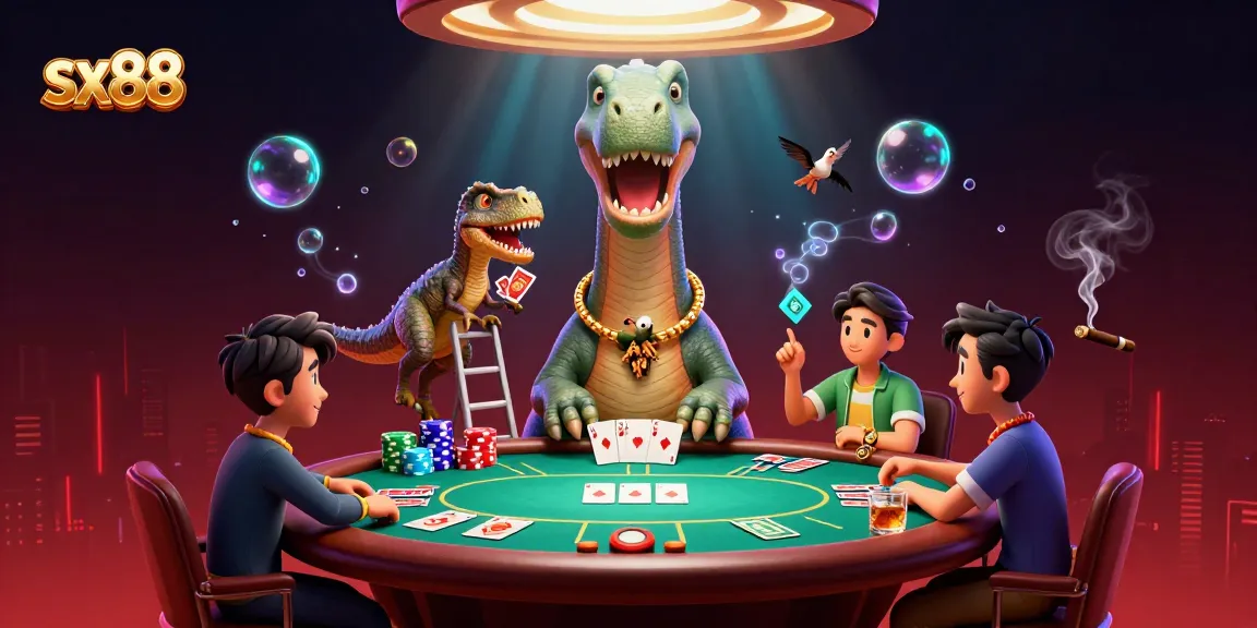 SX88 brontosaurus dealer conducts a thrilling poker game with raptor assistance, surrounded by vibrant casino elements.