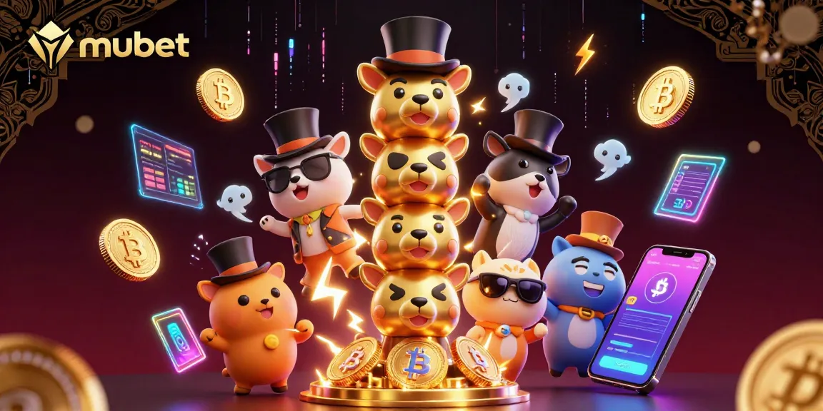Experience the thrill of mubet with a dazzling 3D casino scene filled with vibrant characters and glowing cryptocurrencies.