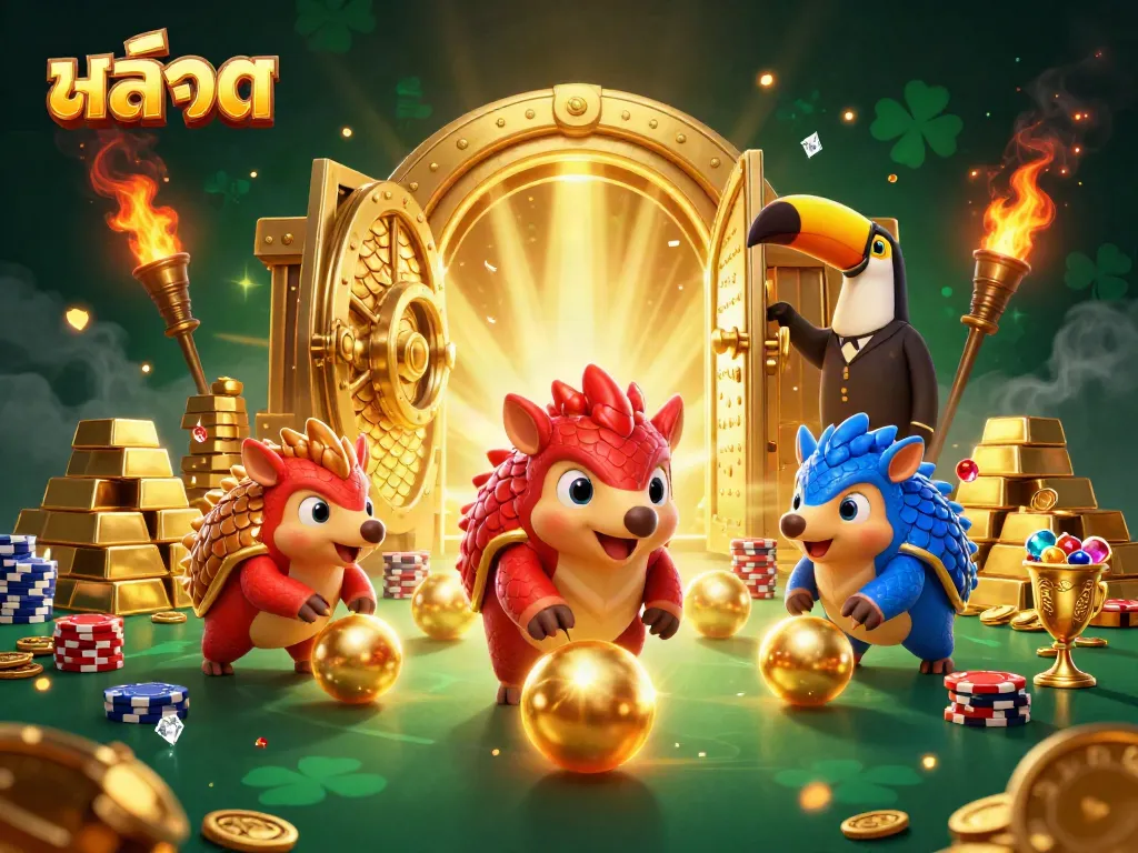 Experience the thrill of สล็อต as two vibrant pangolins roll through poker chips amidst a sparkling treasure backdrop.