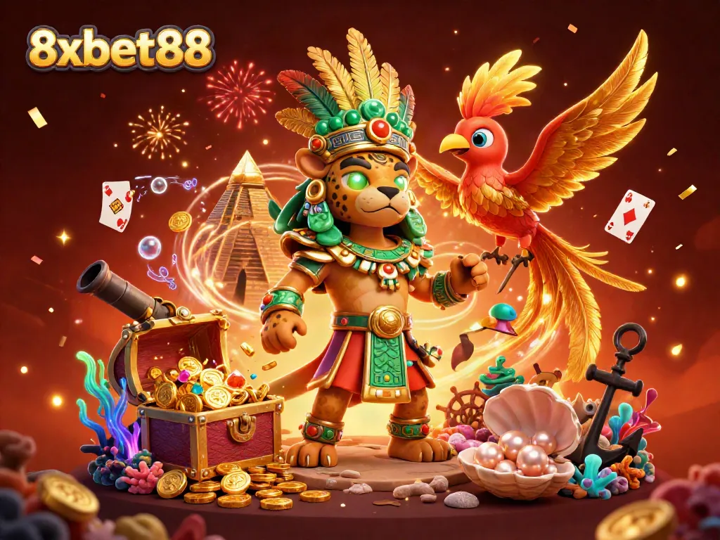 Bet on excitement with thrilling 8xbet88 action featuring a Mayan jaguar priest and vibrant treasures.