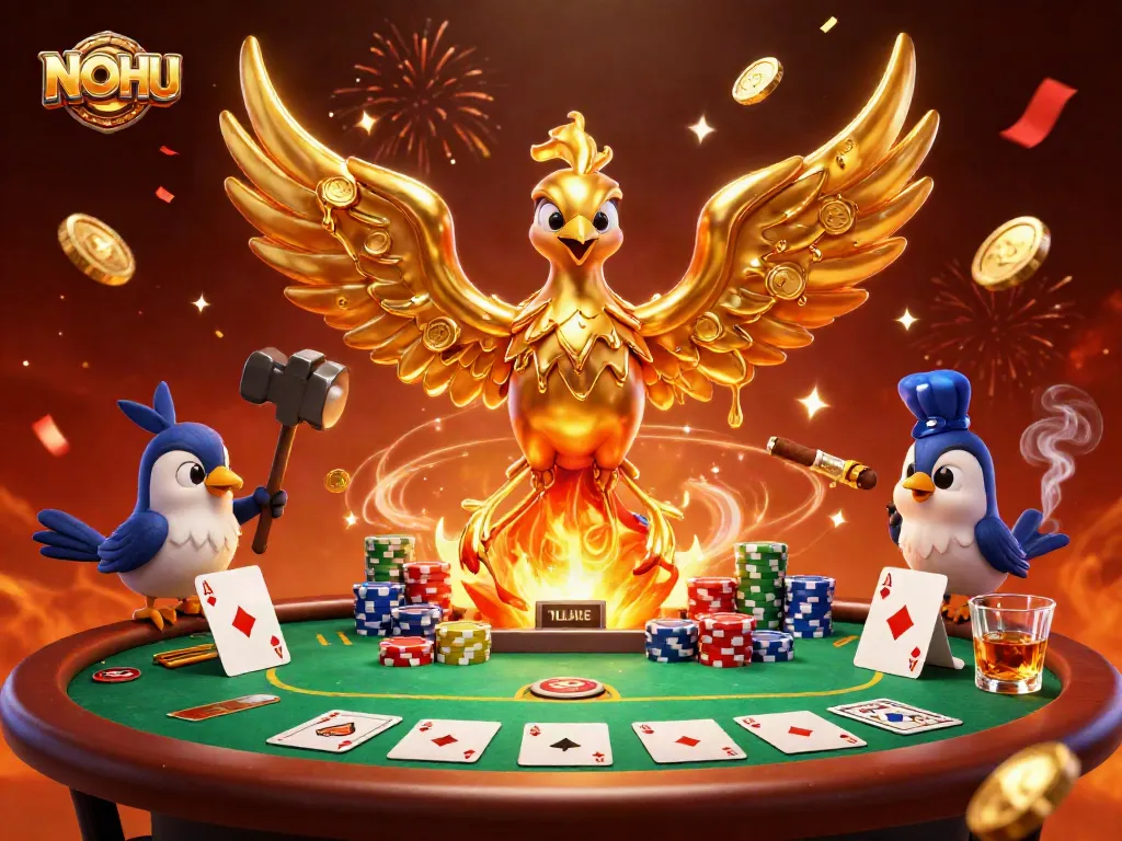 Experience NOHU's gaming world with a golden phoenix emerging from molten gold at a vibrant casino.