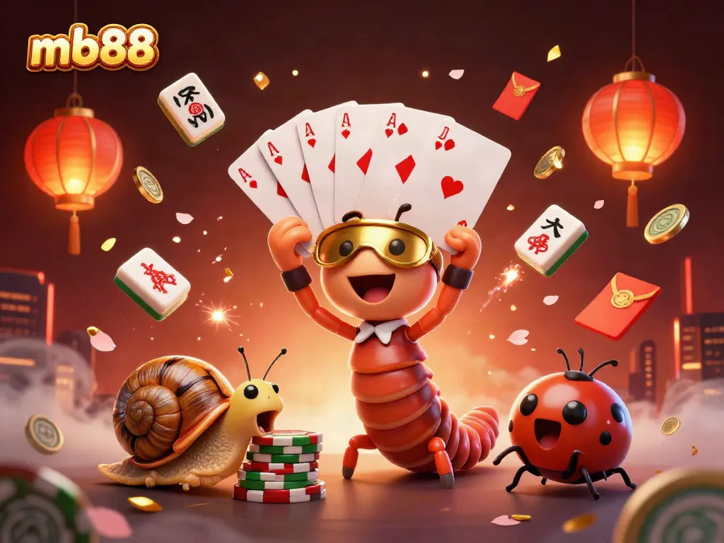 Experience thrills at mb88 with a vibrant scene featuring a millipede dealer and luck symbols at a casino.
