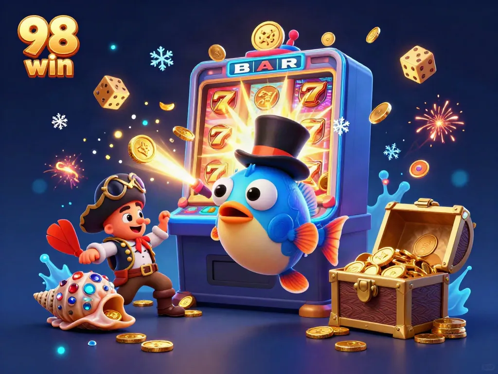 Exciting scene depicting 98 win's deep-sea themed casino adventure with glowing coins and dynamic characters.