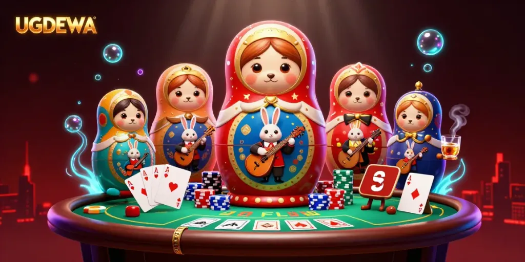 UGDEWA brings excitement with a vibrant 3D scene of playful casino characters at a poker table.