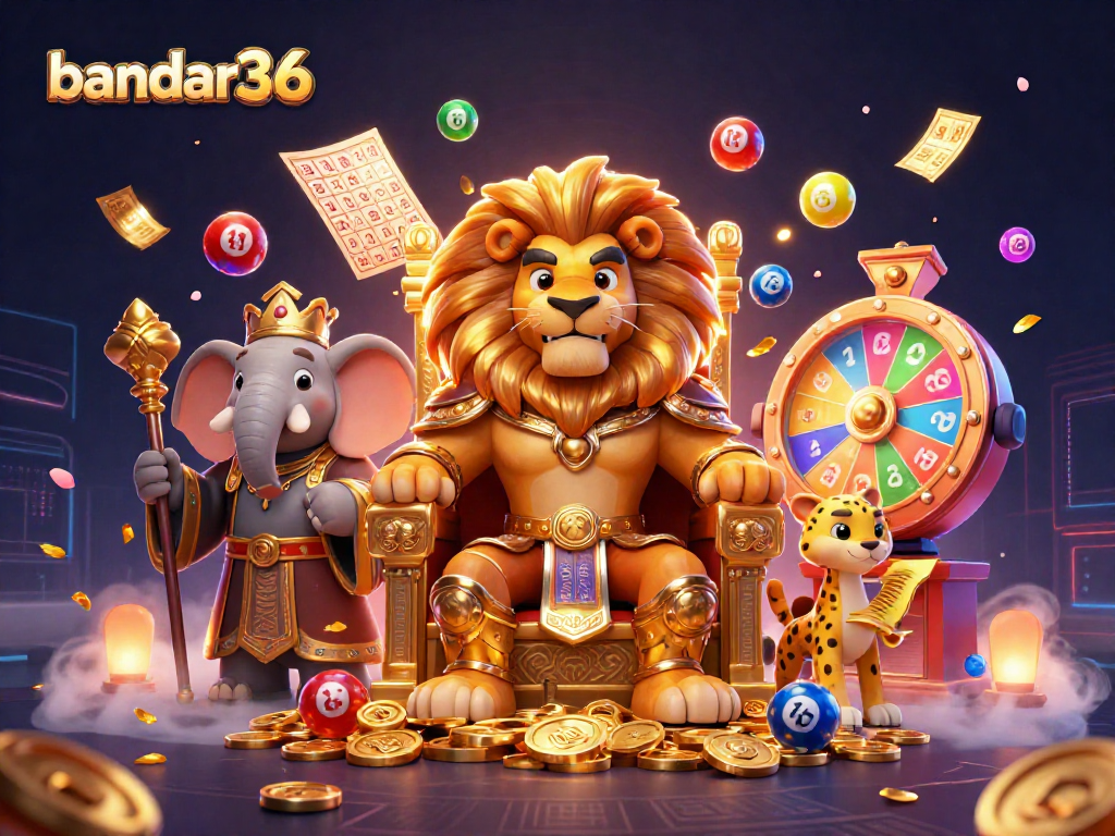 Bandar36 menyajikan ilustrasi kasino dengan singa, gajah, dan cheetah beraksi dalam suasana bermain lotere.