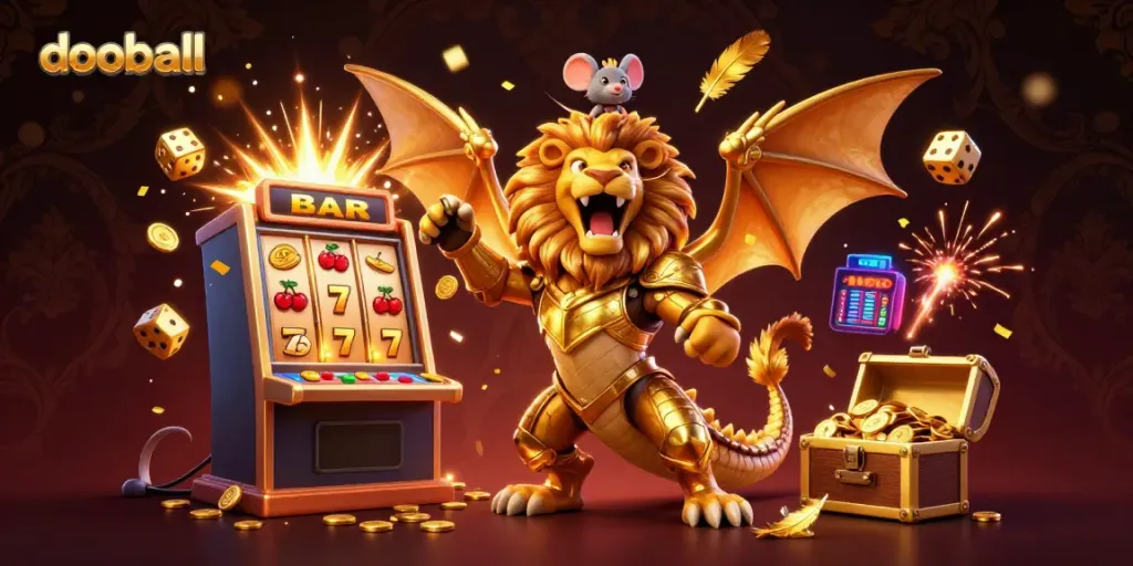Experience thrilling moments in dooball with colorful casino games and a majestic chimera creature.