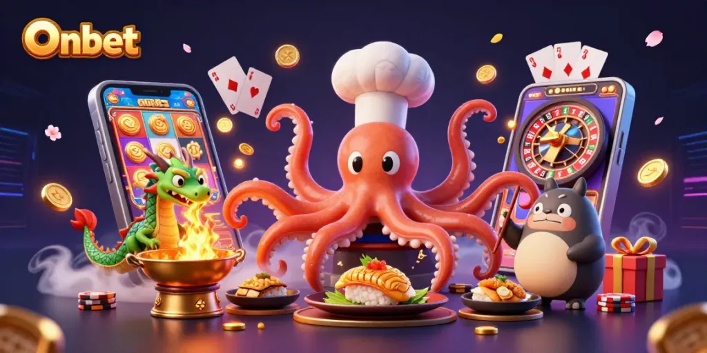 Onbet excitement with a sushi chef octopus and dragon in a vibrant casino scene.