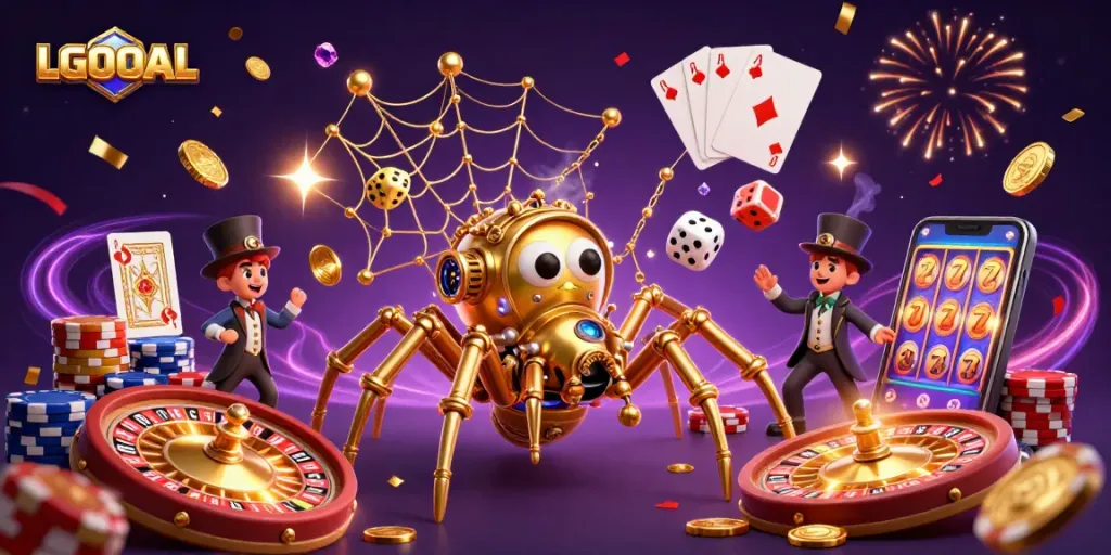Engage with lucky games on LGOGOAL featuring a stunning steampunk spider and dice.