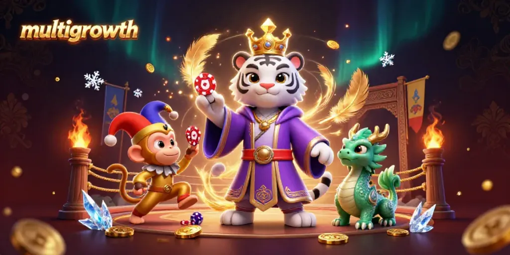 Experience multigrowth magic in this vibrant casino scene with an elegant white tiger and playful monkey.