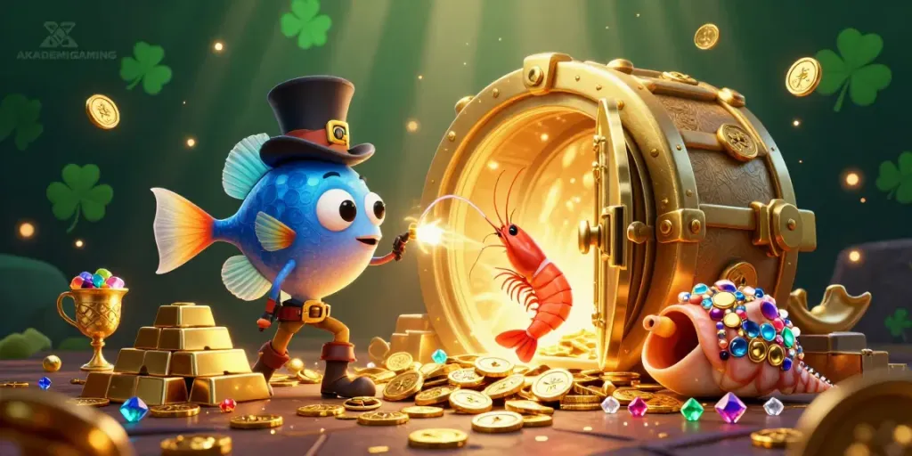 Engage with AKADEMIGAMING's dazzling gaming world, where a charming anglerfish and pirate shrimp allure golden coins amid treasure and jewels.