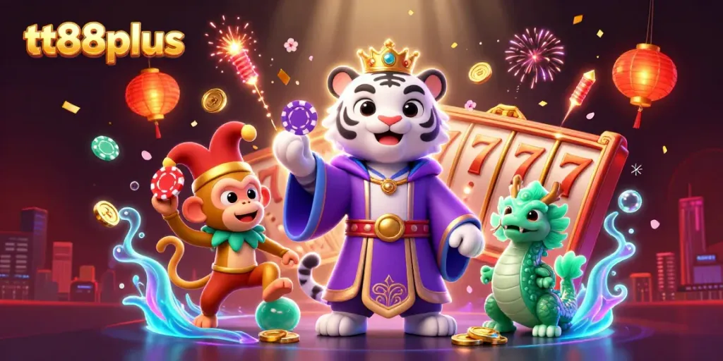 Experience thrilling wins at tt88plus with vibrant slot reels and jackpot excitement in a dynamic 3D casino illustration.