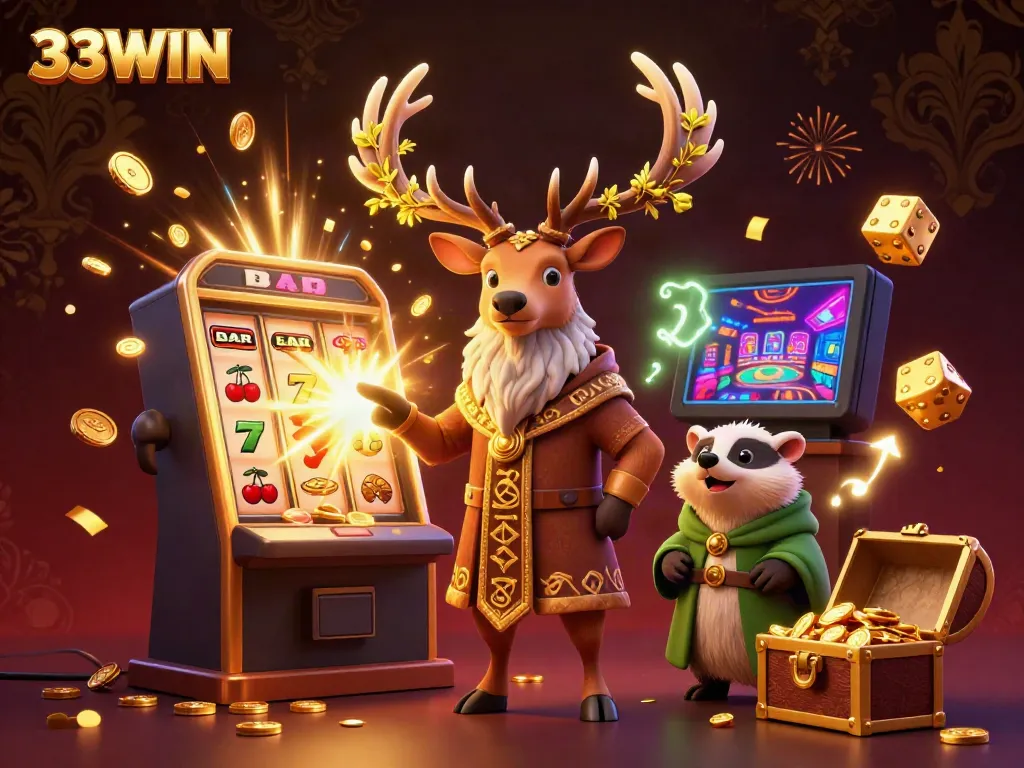 Experience the thrilling world of 33WIN-themed slots with a colorful jackpot scene bursting with coins and mystical characters.