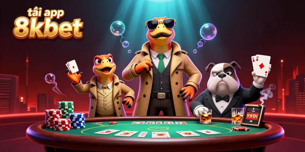 Play slots and dominate casino games with the vibrant tải app 8kbet illustration showcasing dynamic characters and rich casino elements.