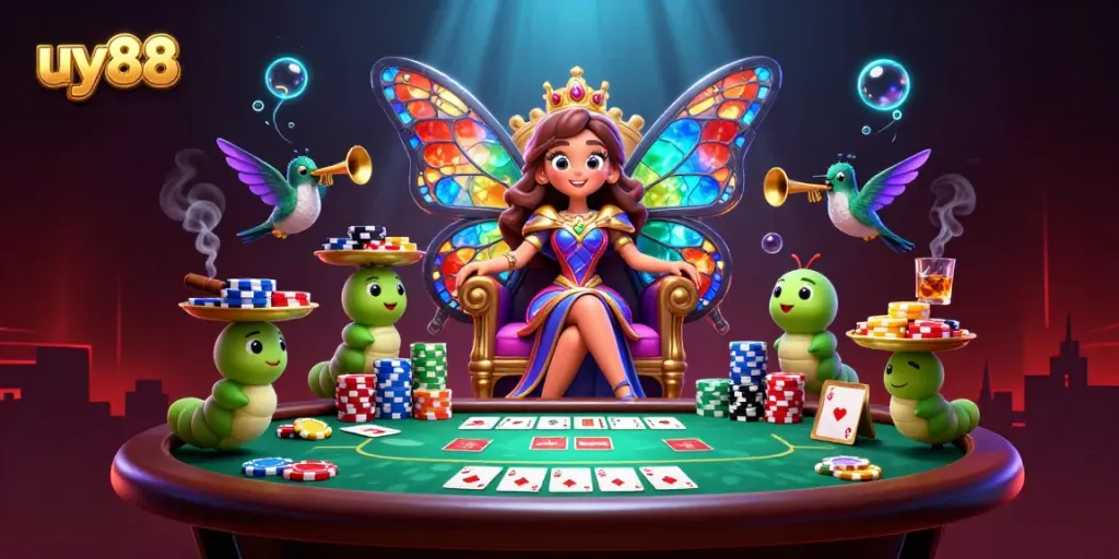 Experience uy88's vibrant poker scene with a dazzling butterfly queen and her colorful chip entourage.