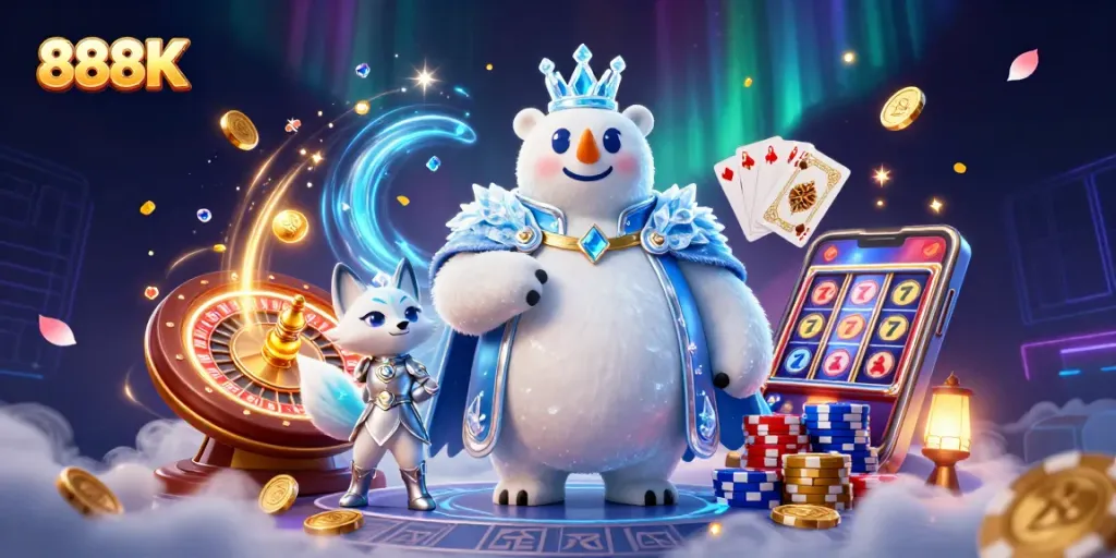Win big with 888K in a vibrant 3D casino scene featuring a royal polar bear and a fox.