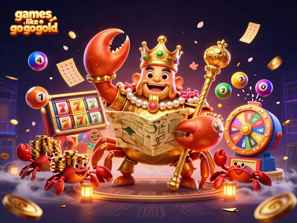 Experience excitement in games like Go Go Gold with vibrant slot reels and golden prizes cascading through the air.