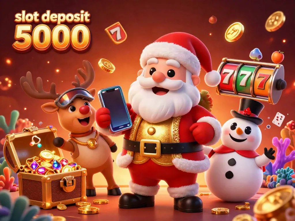 Santa Claus enjoying a jackpot at a lively slot deposit 5000 casino scene with friends.