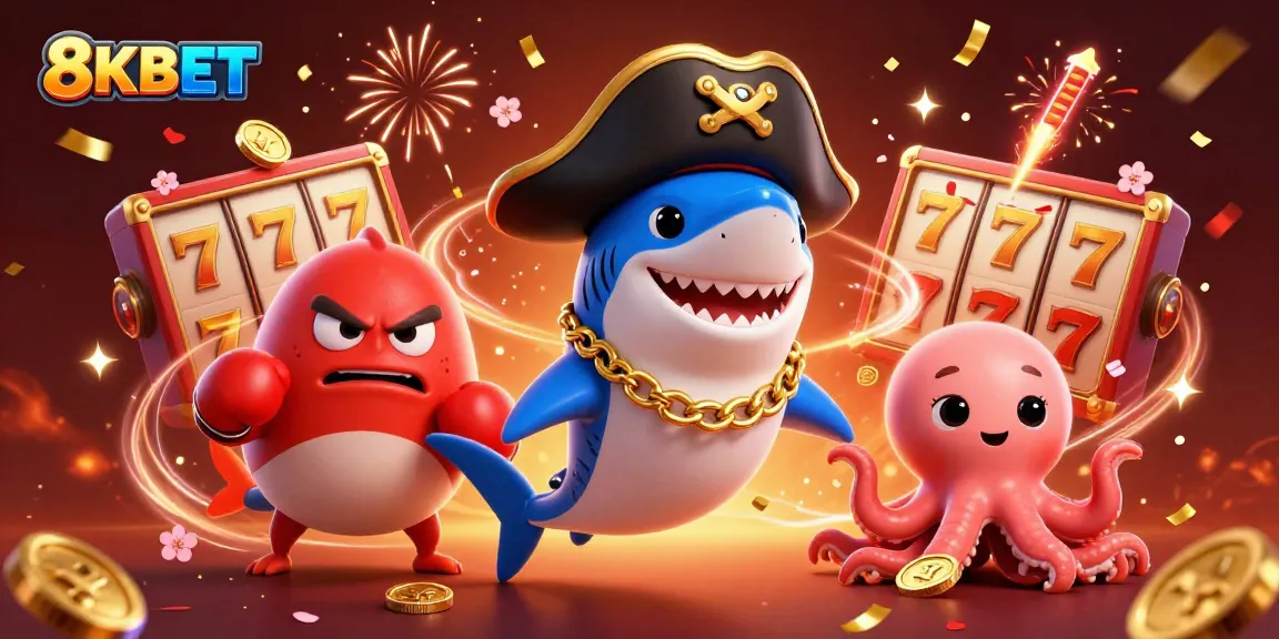 Experience excitement with 8KBET’s vibrant 3D illustration of gaming adventures featuring colorful casino characters.