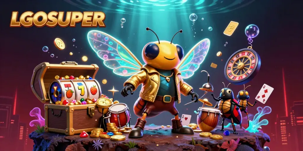 Win big with LGOSUPER as the 3D rock star and band entertain in a vibrant casino scene.